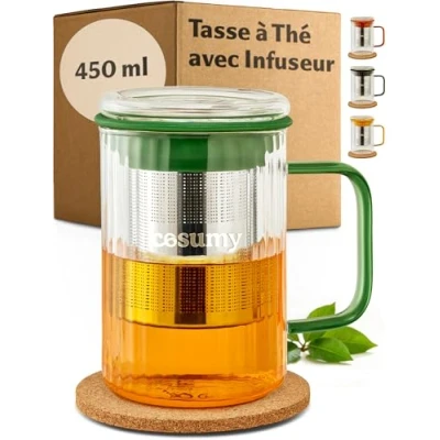 Afbeelding van Cosumy theemok met theezeef en deksel, 450 ml, van borosilicaatglas onderzetter kurk gekleurde handgrepen