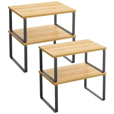 Afbeelding van SONGMICS KCS10NB Kruidenplank, kast organizer, uitschuifbare keukenplanken, stapelbare kruidenplanken, metaal, vervaardigd hout, inktzwart en houtachtig zwart, 4 stuks