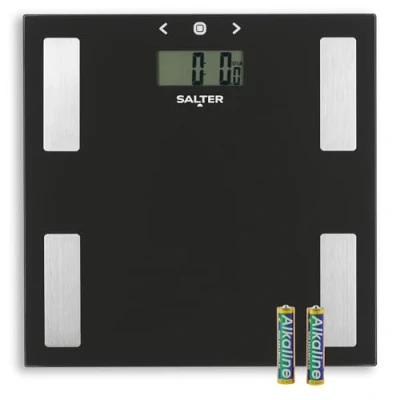 Afbeelding van Salter 9150 BK3R Glass Body Analyser Digital Bathroom Scales, Measure Weight BMI Fat Water, Ultra Slim Platform, 8 User Memory, Easy Read Display, Instant Step On Reading, Black