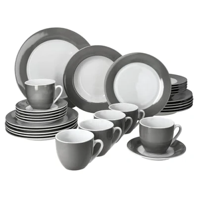 Afbeelding van MamboCat Variant Grijs combiservies, 30 delig, porseleinen tafelservies met grijze rand voor 6 personen, koffiekopjes à 200 ml, schoteltjes, taartborden, soepborden en