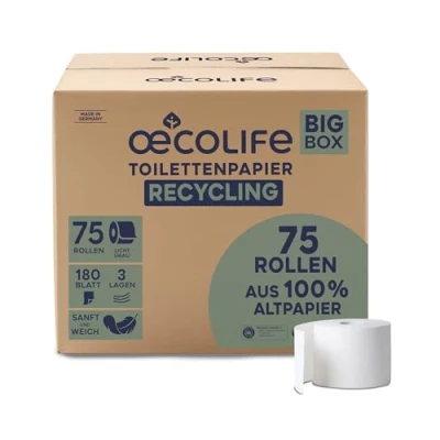 Afbeelding van oecolife Gerecycled toiletpapierdoos, 3 laags, 75 rollen x 180 vellen, bulk, superzacht, duurzaam, zonder plastic verpakking, recyclebaar