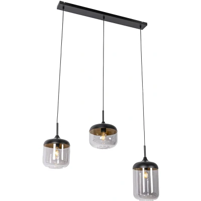 Afbeelding van QAZQA Design hanglamp zwart met goud en smoke glas 3 lichts Kyan