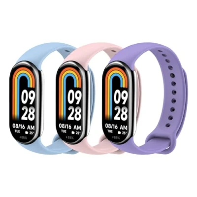Afbeelding van MoKo Set van 3 horlogebandjes compatibel met Xiaomi Mi Band 8, verstelbare TPU band, lavendel/blauw/turquoise/roze