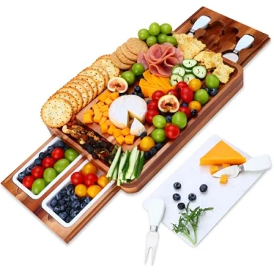 Afbeelding van hecef Acacia houten kaasplaat set, vierkante met bestekset, vleeswarendienblad perfect voor het serveren van aperitieven en fruit
