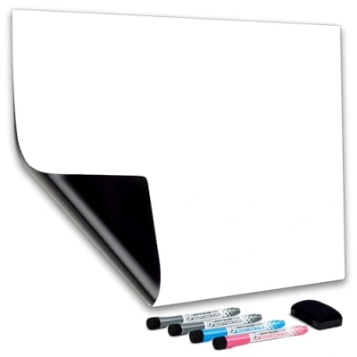 Afbeelding van CUHIOY Magnetisch whiteboard koelkast magneetbord A3 voor gezinsmenu, weekplanner, boodschappenlijstje, memoherinnering notitie, kinderen graffiti afwasbaar flexibele magneet wit bord, 4 markers, 1gum