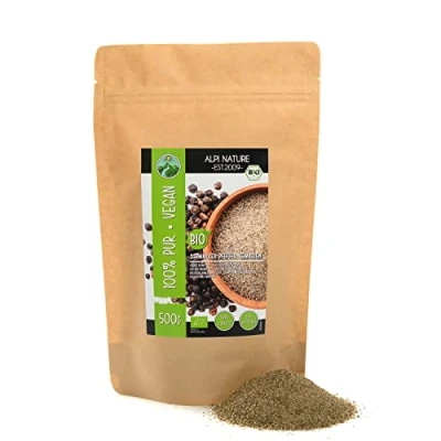 Afbeelding van zwarte peper van gemalen biologische (500 g), gecontroleerde teelt, glutenvrij, lactosevrij, laboratoriumgetest, veganistisch, 100% natuurlijk zonder additieven