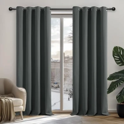 Afbeelding van Deconovo Set van 2 verduisterende gordijnen, thermisch isolerend, modern design met ringen, voor woonkamer, slaapkamer, donkergrijs, 140 x 260 cm (b h)