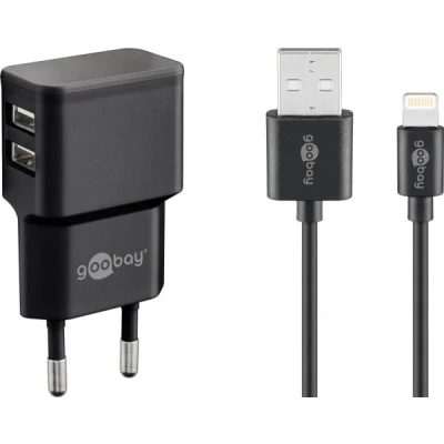 Afbeelding van Goobay Apple Lightning dual oplaadset 2,4 A voeding met 2x USB aansluiting en kabel 1m (zwart)