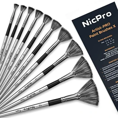 Image de Nicpro Lot de 10 pinceaux peinture en éventail doux anti chute nylon avec manche court bois pour acrylique, aquarelle, huile