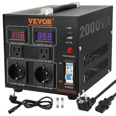 Image de VEVOR Transformateur 220 V⇄110 V Convertisseur de Tension Élévateur Abaisseur 2000 VA Puissance avec 2 Prises US NEMA 5 15R 3 Broches EU Shucko 1 Port USB Prise Type C