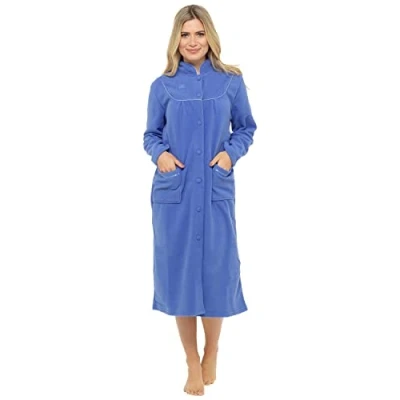 Afbeelding van Fleece badjas voor dames, maten 38 tot 54, met zakken aan de voorkant knopen, Blauw