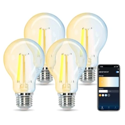 Afbeelding van Aigostar Edison slimme gloeilamp, wifi, E27, 6 W, vintage intelligente ledlampen, A60, Alexa Retro, compatibel met en Google Home, wifi lamp, dimbaar, 2700 K 6500 K, transparant, 4 stuks
