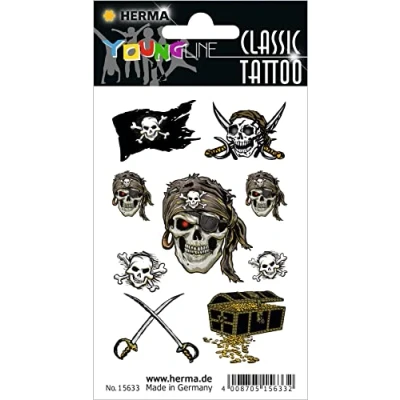 Afbeelding van HERMA 15633 Set van 9 tijdelijke tatoeages, doodshoofd, stickers met piratenvlag, voor kinderen, carnaval, volwassenen