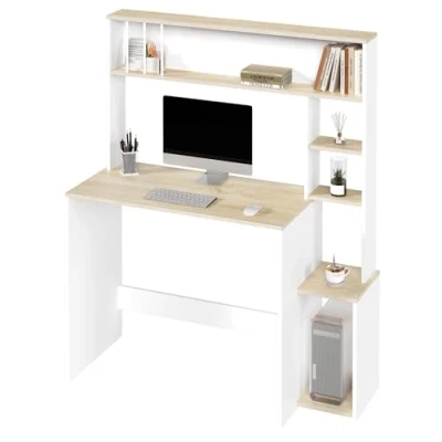 Afbeelding van eSituro bureau, computertafel met boekenkast, bureau 5 planken, 113,5 x 45 cm, pc Scandinavisch kinderbureau, slaapkamer, kantoor, eiken en wit