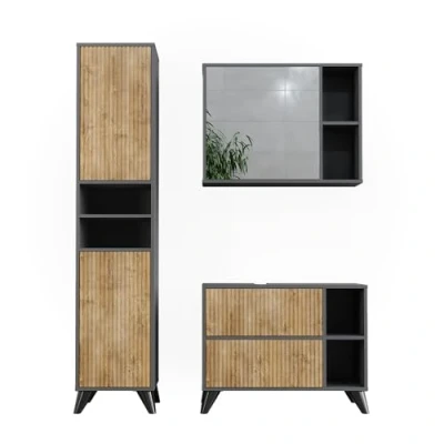 Afbeelding van Vicco Leano Badkamermeubelset 80 cm, set 3 Antraciet/berg eik