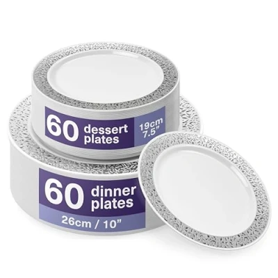 Afbeelding van MATANA 120 Set Herbruikbare Plastic Borden met Zilveren Kanten Rand Inclusief 60 Diner (26cm) &amp; Dessert (19cm) voor Bruiloften, Verjaardagen, Doopfeesten, Kerstmis en Feesten