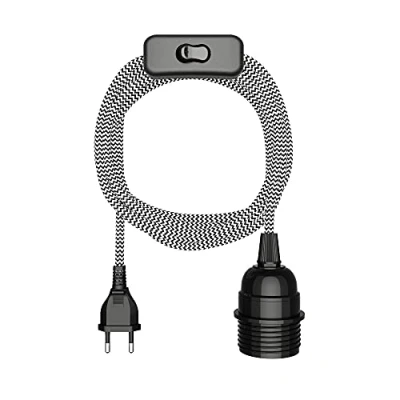 Afbeelding van ledscom.de LEKA textielkabel, stekker, schakelaar, zwart, wit, gekarteld, 3 m, lampfitting, 1x E27 max. 60 W, led, doe het zelf, wandlamp, E27, hanglamp,
