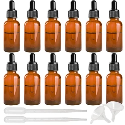 Afbeelding van INHEMING 30 ml druppelfles, glas, bruin, lege glazen fles met pipetten, voor etherische oliën, aromatherapie, chemische vloeistof (2 druppelflesjes en 2 trechters), 12 stuks
