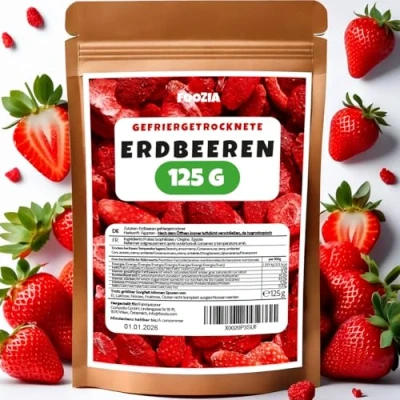 Afbeelding van gevriesdroogde aardbeien, plakjes van 150 g, natuurlijke gedroogde aardbeien zonder toevoegingen, 100% pure fruitsnack, vruchten Foozia
