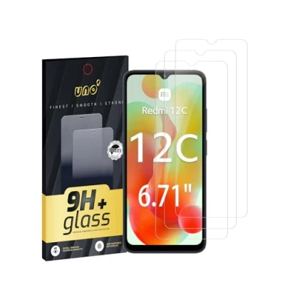 Afbeelding van UNO&#039; 3 stuks displaybeschermfolie van 9H gehard glas voor Xiaomi Redmi 12 C (6,71 inch), volledige afdekking met gebogen randen, ultrasterk, transparant, krasbestendig, anti vingerafdruk,