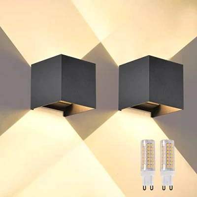 Afbeelding van FUPE 2 stuks wandlamp voor buiten, binnen, G9 lampen, vervangbaar, led, buitenwandlamp, IP65, waterdicht, modern, zwart, 3000 K, vierkante aluminium wandlamp, instelling van de verlichtingshoek