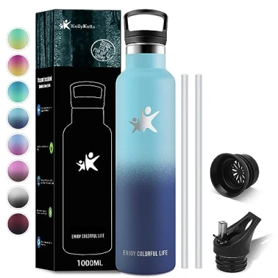 Afbeelding van KollyKolla Thermosfles, 1 l, drinkfles met rietje, roestvrij staal, BPA vrij, lekvrij, herbruikbaar, voor kinderen, volwassenen, sport, fitnessstudio, reizen, school, fietsen, 2 doppen