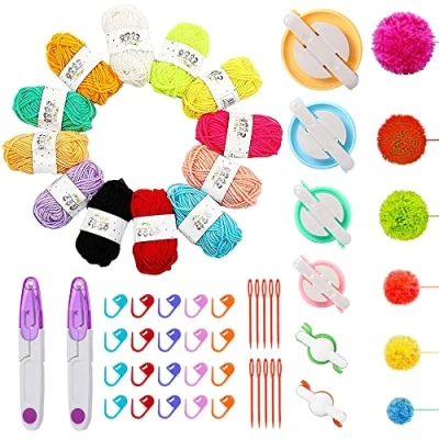 Afbeelding van Allazone 57 delige Pompom Maker, Fluff Ball Weaver Needle Maker Sets met 12 kleuren garen, DIY Balls Breiknutselset naaischaar voor kinderen en volwassenen