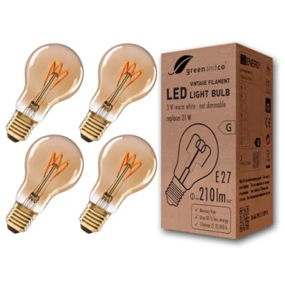 Afbeelding van Greenandco® led gloeilamp, vintage, E27, 3 W (komt overeen met 21 W), 210 lm, 2000 K, warm wit, 360 graden, 230 V, glas, geen flikkeren, niet dimbaar, 4 stuks
