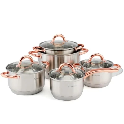 Afbeelding van EliteHoff Inductie pannenset, 7 laags roestvrij staal, pannenset met deksel, roségouden handgrepen, voor alle warmtebronnen (10 delig)