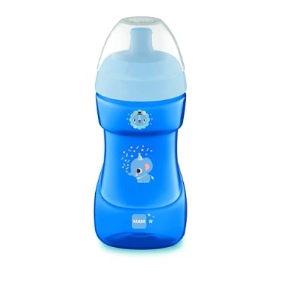 Afbeelding van MAM Leerbeker vanaf 12 maanden, 330 ml, met sportieve harde uitloop afneembaar morsventiel, gemakkelijk vast te pakken dankzij antislip en gebogen design, blauw, 1 stuk
