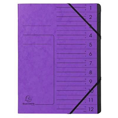 Afbeelding van Exacompta Ref. 541208E 1 Sorteermap met vaste rug en elastosluiting cover bedrukt glanzend karton zwart gerecycleerd binnenin 12 vakken formaat 24,5x 32 cm A4 kleur paars
