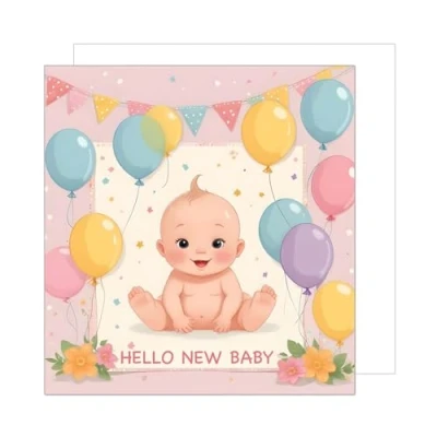 Afbeelding van Edition Seidel EQ112 SW024 Hoogwaardige vierkante wenskaart met envelop, Hello baby, kinderen, jongens, meisjes, ballonnen