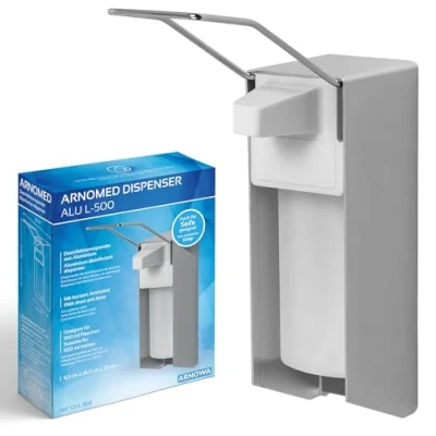 Afbeelding van ARNOMED Hydroalcoholische geldispenser van aluminium, 1 automatische zeepdispenser 500 ml, lange hendel wandbevestiging/montage, zeepdispenser,