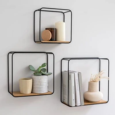 Afbeelding van wandrek Set, 3 delig van metaal en echt houten veneer, wanddecoratie plank voor badkamer, woonkamer, keuken, slaapkamer meer, eiken