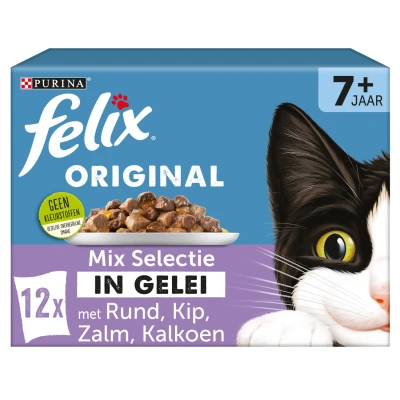 Afbeelding van Felix Multipack Original Mix Selectie In Gelei 7+ Senior Kattenvoer Rund Kip Kalkoen 12x85 g