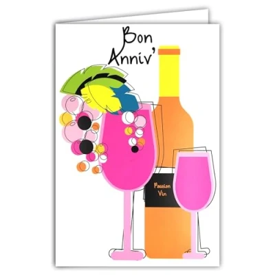 Afbeelding van 69 8127 Carte FLUO Bon Anniversaire Passion Vin avec Enveloppe 12x17,5cm Tu te bonifies l&#039;âge les années Bonne Santé Trinquer Bouteille Verres Véritables encres Créé et Fabriqué en France
