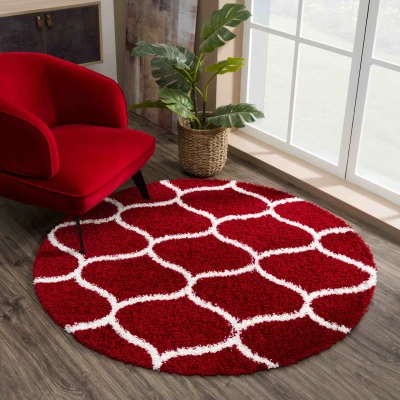 Afbeelding van Madrid Shaggy Design Vloerkleed Rood Creme Hoogpolig 120 cm rond