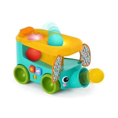 Afbeelding van Bright Starts Pop &amp; Roll Safari Bus Balspeelgoed, olifant, popper en launcher, kruipspeelgoed voor baby&#039;s, uniseks, leeftijd 6 maanden