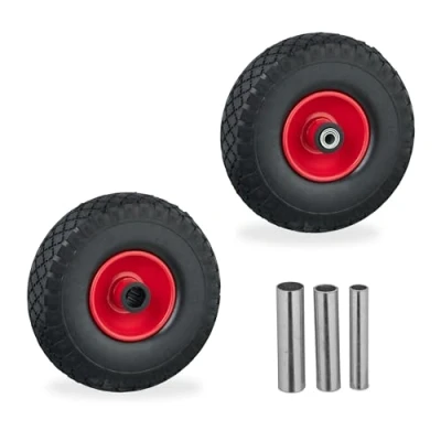 Afbeelding van Relaxdays steekwagenwiel set van 2 massief rubber 3.00 4 skelterwiel stalen velg zwart rood
