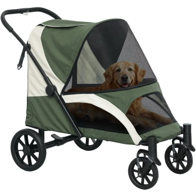 Afbeelding van PawHut Poussette pliable pour grands chiens et chats jusqu&#039;à 30 kg Avec coussin, fenêtres en filet, portes, sac de rangement laisses sécurité, freins Vert foncé