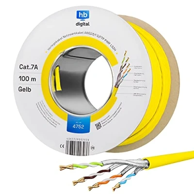 Afbeelding van hb digital 100 m CAT.7a netwerkkabel LAN kabel installatiekabel AWG 23 puur koper S/FTP PiMF LSZH halogeenvrij RoHS compliant Ethernet datakabel PoE 10 Gbit/s max. 1200 MHz geel