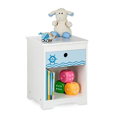 Afbeelding van Relaxdays Nachtkastje voor kinderen, maritiem design, lade en opbergvak, commode kinderkamer, 41 x 32 31 cm (h b d), wit/blauw