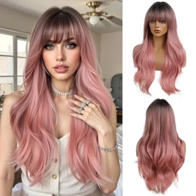 Afbeelding van OUFEI Lange golvende synthetische pruiken voor vrouwen met donkere wortels dagelijks gebruik, feest, cosplay 61 cm Ombre roze
