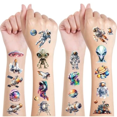 Image de Espace Tatouage Paillette Enfant, 12 Feuilles Enfant Garçons, Anniversaire Cadeaux pour Enfants, Invitation Tatouages, Etanche Enfants
