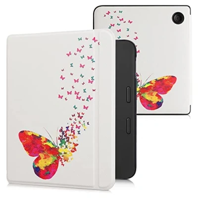 Afbeelding van kwmobile E reader hoesje geschikt voor Kobo Libra 2 hoes flip case met magnetische sluiting Ereader cover Zwerm Vlinders design in meerkleurig / roze wit