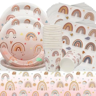 Afbeelding van Doyomtoy Boheemse feestservies, 61 delig servies voor Happy Birthday, regenboogtafelkleden, boho, borden, kopjes, servetten, decoraties, tafeldecoratie verjaardagsfeest