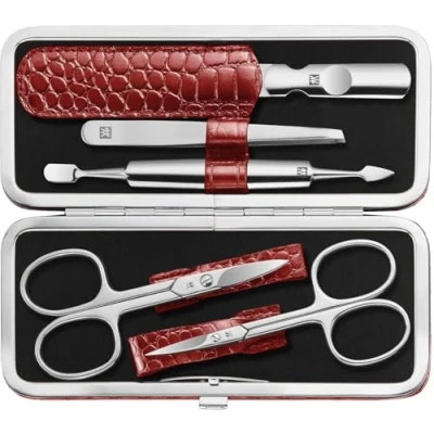 Afbeelding van ZWILLING Classic Inox 5 delige manicure en pedicureset van roestvrij staal rundleer, Croco Edition, rood