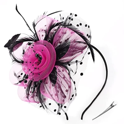 Afbeelding van DRESHOW Fascinator hoed met bloemen en veerbandjes op een haarband haarclip, voor cocktail, thee, party, meisjes vrouwen, 7 cm diameter / zwart, fuchsia, één maat