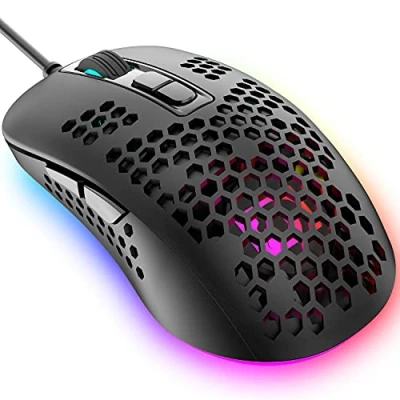 Afbeelding van KUIYN 383 ultralichte bedrade gaming muis, lichte honingraat behuizing, 4 RGB lampjes, instelbare DPI tot 2400, USB optische muis voor Win10, XP, Xbox, PS4, PS5, Mac, HP, Acer, zwart