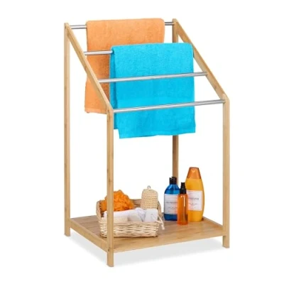 Afbeelding van Relaxdays handdoekenrek met plank bamboe 4 stangen handdoekhouder badkamer